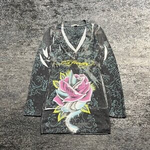 Ed Hardy Tunic Top V-Neck Long Sleeve Womens Small Shark Rose Tattoo Vintage Y2K